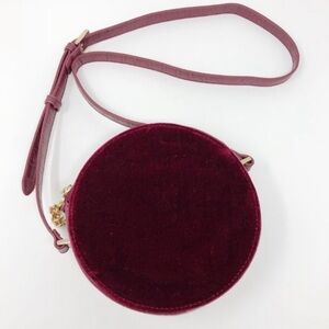 Free People Round Velvet Burgundy Crossbody Purse Bag 7 1/4”